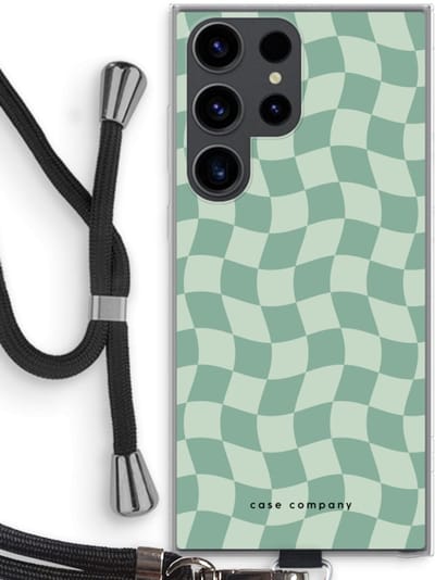 Case Company® - Hoesje met koord geschikt voor Samsung Galaxy S23 Ultra hoesje met Koord - Grid Groen - Telefoonhoesje met Zwart Koord - Bescherming aan alle Kanten en Over de Schermrand