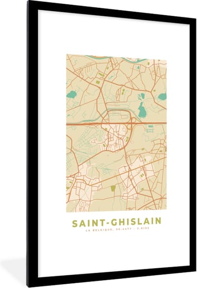 Fotolijst incl. Poster - Plattegrond - Kaart - Vintage - Stadskaart - Saint-Ghislain - 80x120 cm - Posterlijst