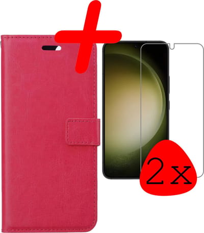 Hoesje Met 2x Screenprotector - Geschikt voor Samsung Galaxy S23 - Luxe Pasjeshouder - Bookcase Portemonee - Flip Case - Kunstleer Book Case - Flipcase Hoes - Book Cover - Walletcase - Portemonneehoes - Donkerroze