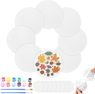 Set van 8 Vouwbare Handventilatoren - Ronde Ventilatoren voor Schilderen, DIY Projecten en Feestdecoratie met Acrylverf en Kwastjes (Wit)