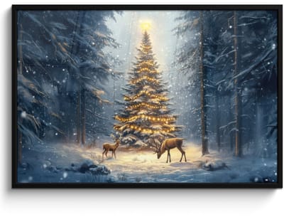 Poster in lijst - Fotolijst 120x80 cm - Posters - Kerstlicht - Woud - Hert - Donker - Posterlijst zwart - Decoratie - Wanddecoratie woonkamer - Muurdecoratie slaapkamer - Kerstversiering - Kerstdecoratie voor binnen - Kerstmis