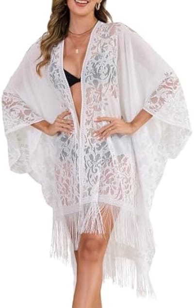 Stijlvolle Elegante Kanten Kimono voor Vrouwen - Open Voorkant met Pony Franjes - Perfect voor Strand, Zwembad, Vakantie en Feest - Wit