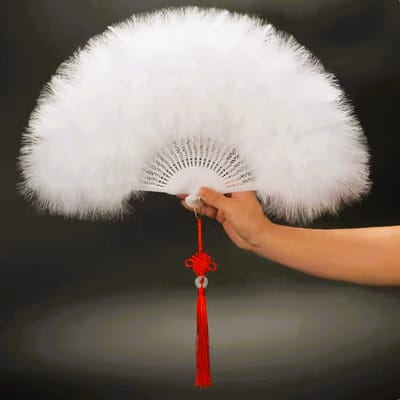 Hand waaier – Groot – Dubbelzijdige -Echte Marabou Veer - Kleur Wit - L 28 * Br 48 cm - Theater - Vintage Stijl – Themafeesten – Kamerdecoratie -opvouwbaar - Kant Kwastje Cheongsam.