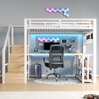Stapelbed 140 x 200 cm - hangend rooster - LED-verlichting - bureau - met USB- en Type-C-aansluiting - zonder matras - wit