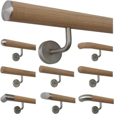 Eiken Leuning - Houten Trapleuning - Veilig Traplopen - Onbehandeld Eikenhout - 120 cm - Roestvrij Staal