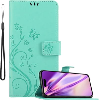 Cadorabo Hoesje geschikt voor Apple iPhone 14 PRO in BLOEMEN TURKOOIS - Beschermhoes in bloemmotief met magnetische sluiting, standfunctie en kaartsleuven Book Case Cover Etui