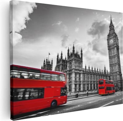 Artaza Canvas Schilderij Big Ben - 40x30 cm - Klein - Wanddecoratie Londen Skyline - Muurdecoratie Dubbeldekker Bus - Kamer Accessoires