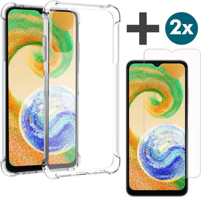 Samsung Galaxy A04s hoesje transparant siliconen backcover met verstevigde hoeken Inclusief 2 Stuks Screenprotector tempered glass