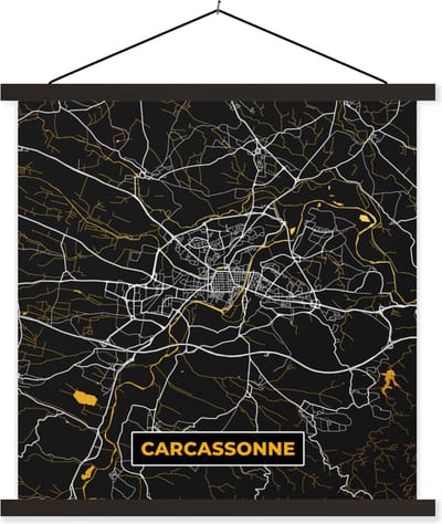 Posterhanger incl. Poster 60x60 cm - Schoolplaat - Carcassonne - Kaart - Stadskaart - Frankrijk - Plattegrond - Textielposter - Zwarte latten - Stadskaart