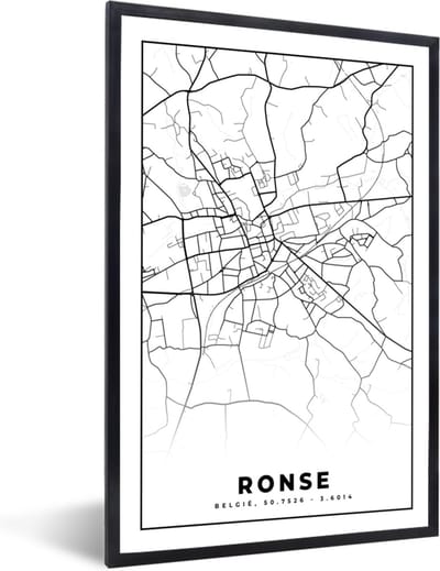 Fotolijst incl. Poster Zwart Wit- Plattegrond – Ronse – Zwart Wit – Stadskaart - Kaart - België - 40x60 cm - Posterlijst