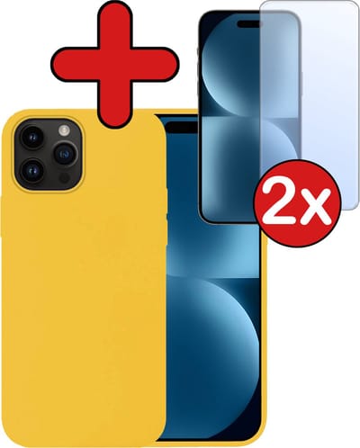Hoesje - Met 2x Screenprotector - Geschikt voor Apple iPhone 15 Pro - Sterk & Shockproof - Telefoon Hoes - Back Cover - Siliconen Case - Telefoonhoes - Geel