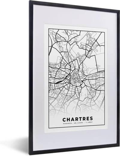 Fotolijst incl. Poster Zwart Wit- Frankrijk – Kaart – Plattegrond – Stadskaart - Chartres - Zwart wit - 40x60 cm - Posterlijst