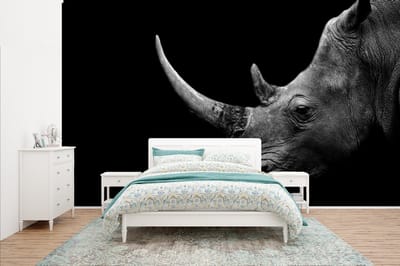 Behang - Fotobehang Neushoorn - Dieren - Zwart - Wit - Portret - Breedte 400 cm x hoogte 240 cm