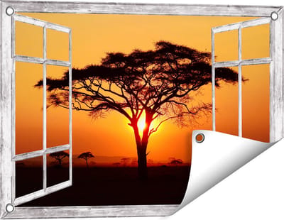 Gards Tuinposter Doorkijk Zonsondergang Achter een Savanne Boom - 60x40 cm - Tuindoek - Tuindecoratie - Wanddecoratie buiten - Tuinschilderij