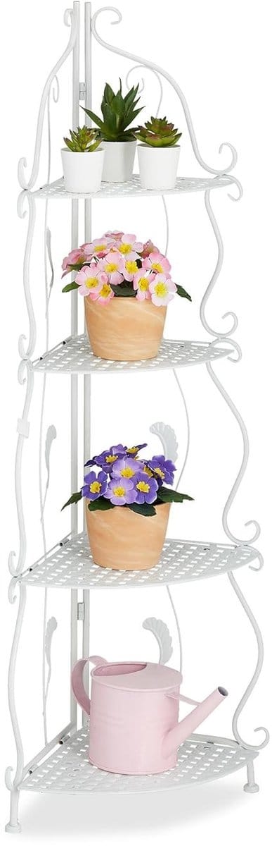 Famanu – Hoek plantenrek met 4 etages, : 133 x 30 x 30 cm, inklapbaar, bloemenrek met vintage look, binnen, wit
