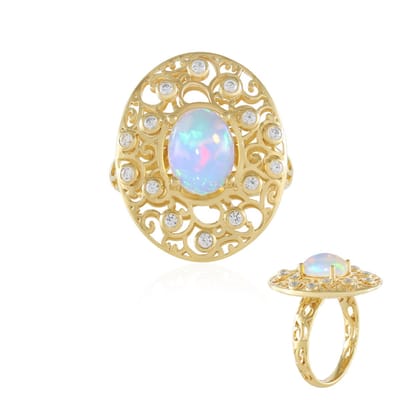 Cavill - Welo Opaal Ring 0,945 ct - 925 Sterling Zilver Verguld - Luxe Ovaal Cabochon Edelsteen Ring met 14 Zirkonia - Elegante Blauwgroene Sfeer