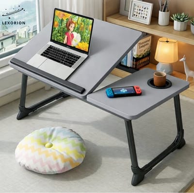 Lexorion Prakstisch Pro – Laptoptafel voor Bed en Bank – Inklapbare Bedtafel met 4-Niveaus Kantelstand – Lapdesk met Bekerhouder – Draagbare Laptoptafel 60×37×26 cm - Grijs
