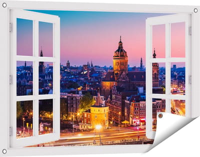 Gards Tuinposter Doorkijk Amsterdam Skyline bij Zonsondergang - 90x60 cm - Tuindoek - Tuindecoratie - Wanddecoratie buiten - Tuinschilderij