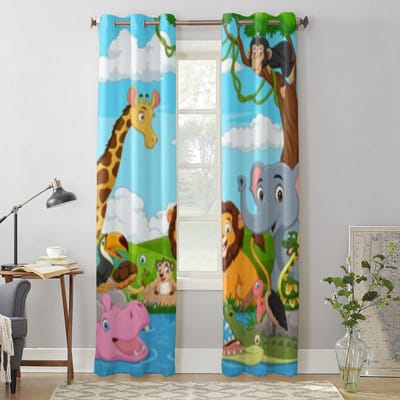 Cartoon Afrikaans Landschap Met Wilde Dieren Raamgordijnen Voor Woonkamer Keuken Moderne Gordijnen Huisdecoratie Jaloezieën Draperieën 135W x 60H(cm) x1