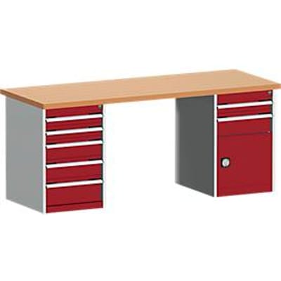 Bott Cubio werkbank, koperen beukenhouten blad, stalen frame, B 2000 x D 750 x H 840 mm, 1200 kg, 7 laden, paars RAL 3004/lichtgrijs RAL 7035