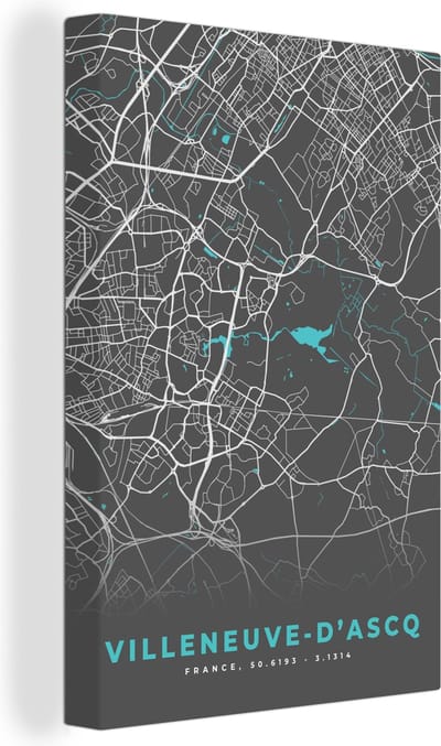 Canvas Schilderij Villeneuve-d'Ascq - Frankrijk - Stadskaart - Kaart - Plattegrond - 20x30 cm - Wanddecoratie