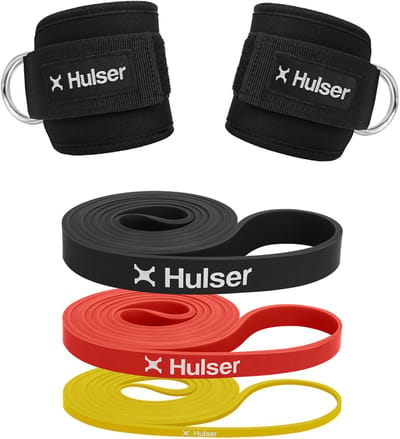 Hulser Sportieve bundel - Ankle straps en resistance banden - Weerstandsbanden set van 2 tot 30 kg - 104 / 208cm - 2 x Enkel strap - Enkelband Cuff - 3 x Fitness band voor pull up - Krachttraining , Stretch & Lifting met o.a. kickback - Power band