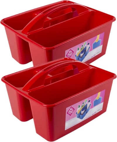 Hega Hogar opbergbox/opbergmand - 2x stuks - rood - met handvat - 6 liter - kunststof - 31 x 26,5 x 18 cm - voor schoonmaakspullen