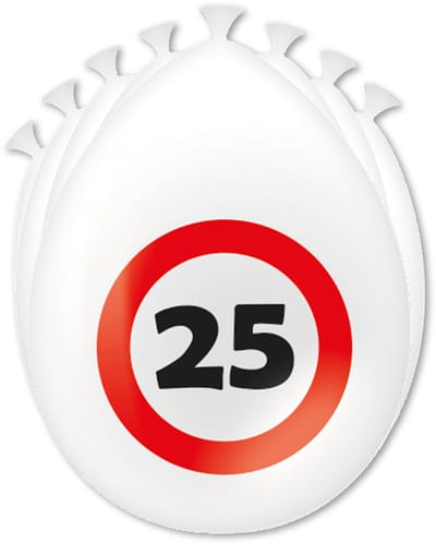 Q2P - Ballonnen - 25 Jaar - Verjaardag Versiering - Verkeersbord - 8 Stuks - Feest Versiering - Rood - Wit