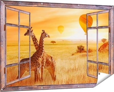 Gards Tuinposter Doorkijk Twee Giraffen met Twee Oranje Luchtballonnen - 150x100 cm - Tuindoek - Tuindecoratie - Wanddecoratie buiten - Tuinschilderij