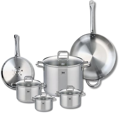 Set van 2 Koekenpannen 24 en 32 cm en 4 kookpotten 12, 14, 16 en 26 cm Elo Profi Citrin