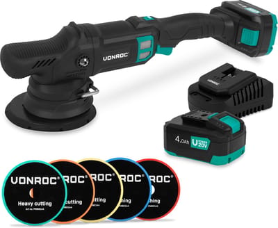 VONROC PRO Excentrische Polijstmachine 20V - Ø 150mm - Brushless motor – 7 snelheden (2000-5000/min) - Soft Start– Complete set incl. 2x 4.0Ah Accu’s, Snellader en 5 Polijstschijven
