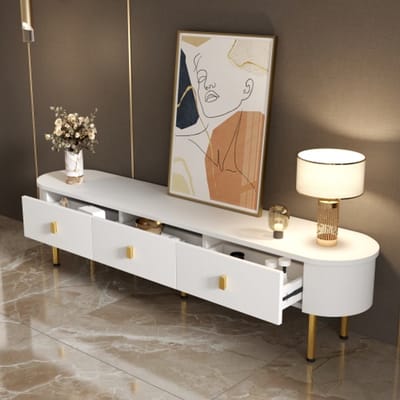 TV-Lowboard 174x35x41 cm – Met Lades, Gouden Handgrepen & Poten, Gebogen Hoeken – Modern Meubel voor Woonkamer