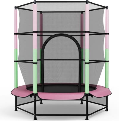 Kinder trampoline - Binnen en buiten - Spelen en trainen - Veiligheidsnet inclusief - Diameter 140 cm - Roze en groen