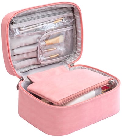 Dames toilettas, grote inhoud, waterdicht, tweedelige reisset, roze.