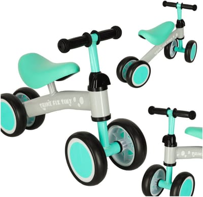 Playos® - Loopfiets met 4 wielen - Turquoise / Grijs - vanaf 1 jaar - tot 30 kilo - Balansfiets - Driewieler