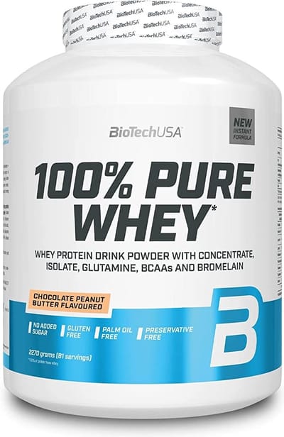 BioTechUSA 100% Pure Whey | Eiwitpoeder met BCAA en Glutamine | Glutenvrij, Palmolievrij | 21g Eiwit per portie, 2.27 kg, Zwart Biscuit