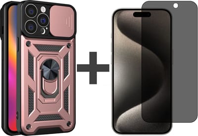 Hoesje met Privacy screenprotector Geschikt voor iPhone 15 Pro met Ringhouder en Camera schuifje - Arara backcover - Rosegoud