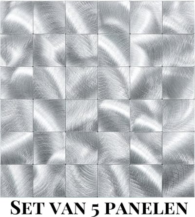 Wallways Wandpanelen - Plaktegels - Set van 5 Tegels - Tegelsticker - Zelfklevende Tegels - 4MM dik - Aluminium toplaag - Waterdicht - Krasbestendig - Hittebestendig - 3M Kleeflaag - Geborsteld Zilver