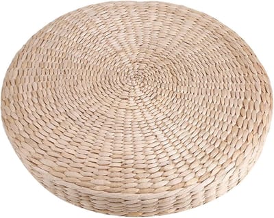 Vloerzitkussen Rond - Poef Tatami Kussen - Meditatie Yoga - Ademend Riet Materiaal - 40x6cm - Lichtgeel