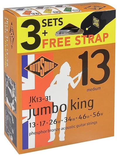 Rotosound JK13-31 Jumbo King 013 3-pack met gitaarriem snarenset akoestisch