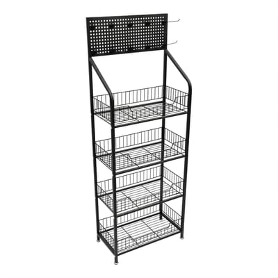Display Rek Verrijdbaar – 4 Niveaus – Met 10 Haken en Draadmanden – Snack en Candy Organizer – Metaal – Zwart