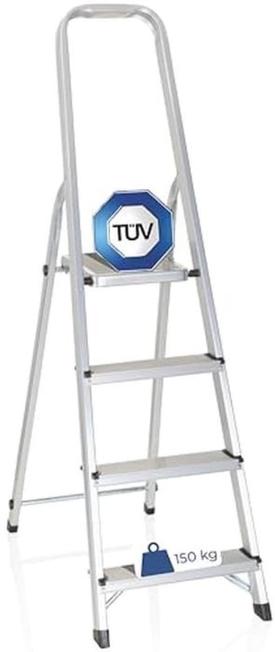 Klapladder Aluminium - Vouwladder Trapladder - Veilig Klussen - Groot Antislip Platform - 4 Treden - Zilver