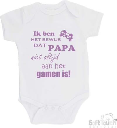 100% katoenen Romper "Ik ben het bewijs dat PAPA niet altijd aan het gamen is!" Meisjes Katoen Wit/lila Maat 56/62