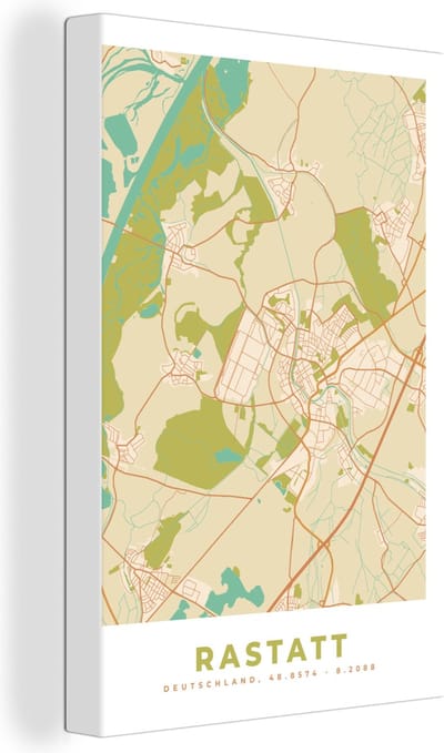 Canvas Schilderij Plattegrond - Rastatt - Vintage - Kaart - Stadskaart - 20x30 cm - Wanddecoratie