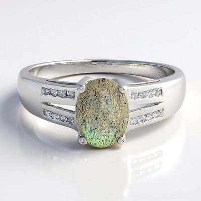 Cavill - 925 Sterling Zilver Ring - Labradoriet Ovaal 1.03 ct - Witte Topaas 0.087 ct - Elegante Damesring Modern Maat 17