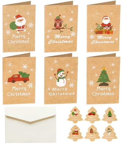 Dailygoods- Kerstkaarten Set van 12 - Inclusief 6 Verschillende Ontwerpen - Met Enveloppen - Lege Wenskaarten - Voor Kerstmis/Nieuwjaar - Perfect voor Persoonlijke Berichten