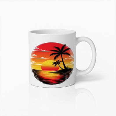 Tropische Zonsondergang Mok – Levendige Strand Koffiebeker met Palmbomen en Uitzicht op Zee