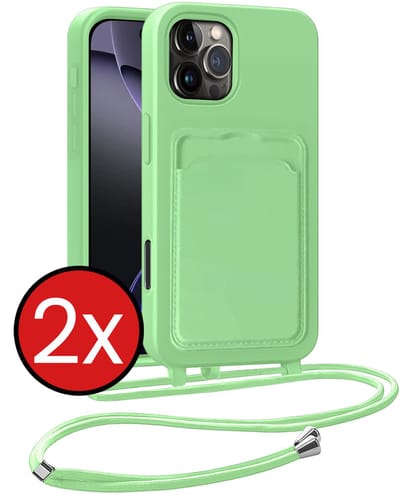 Hoesje Geschikt voor iPhone 16 Pro Hoesje Met Telefoonkoord en Pasjeshouder Siliconen - Hoes Geschikt voor iPhone 16 Pro Hoesje Met Kaarthouder Case - Groen - 2 PACK