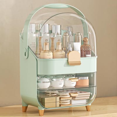 Make-up Organizer met Lades en Deksel, Waterdichte en Stofdichte Opbergbak voor Cosmetica en Huidverzorging in Lichtgroen voor Badkamer en Slaapkamer