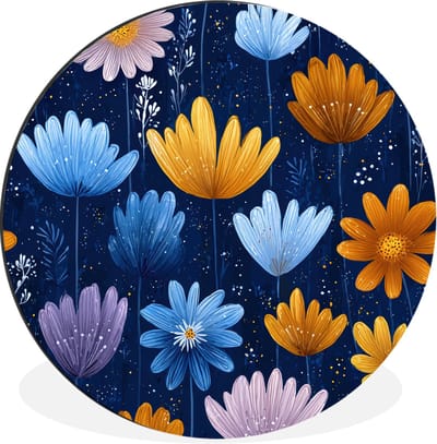 WallCircle - Wandcirkel - Muurcirkel - Bloemen - Patroon - Blauw - Contrast - Aluminium - Dibond - 30x30 cm - Binnen en Buiten